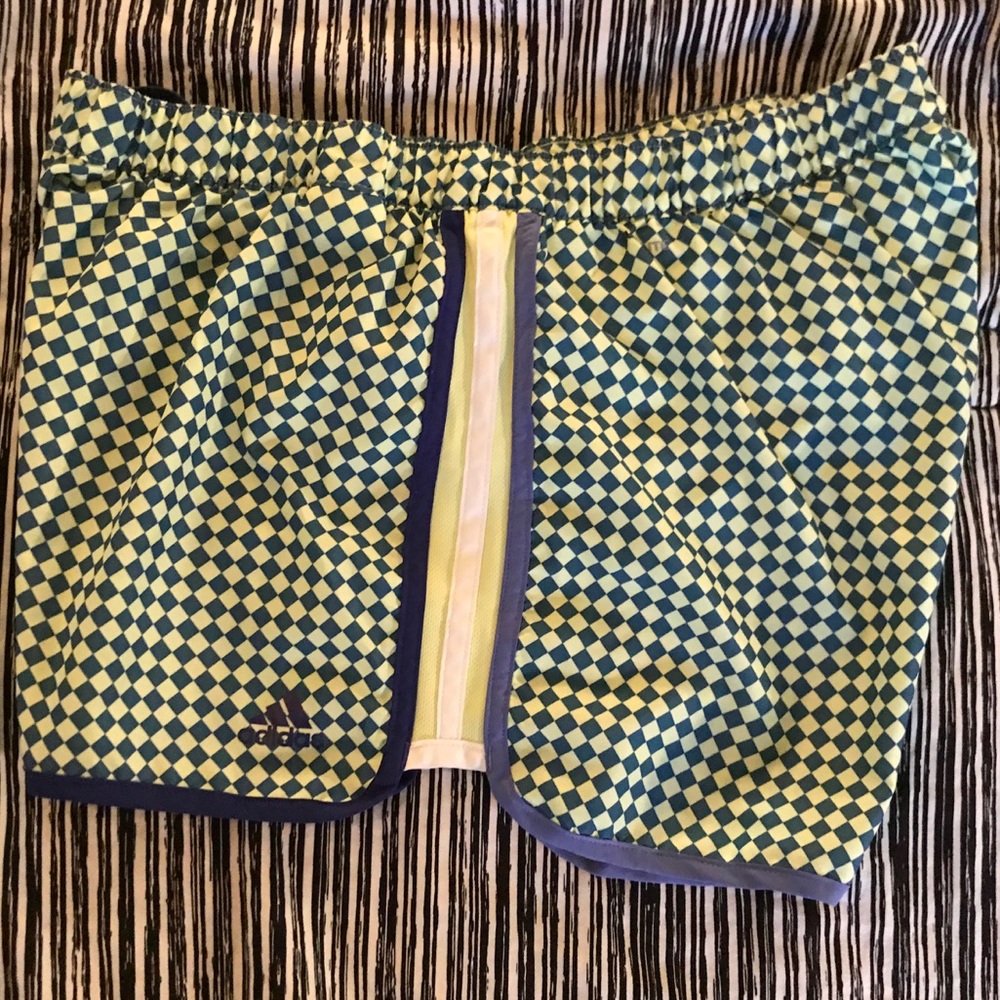 Adidas green and blue checkered shorts